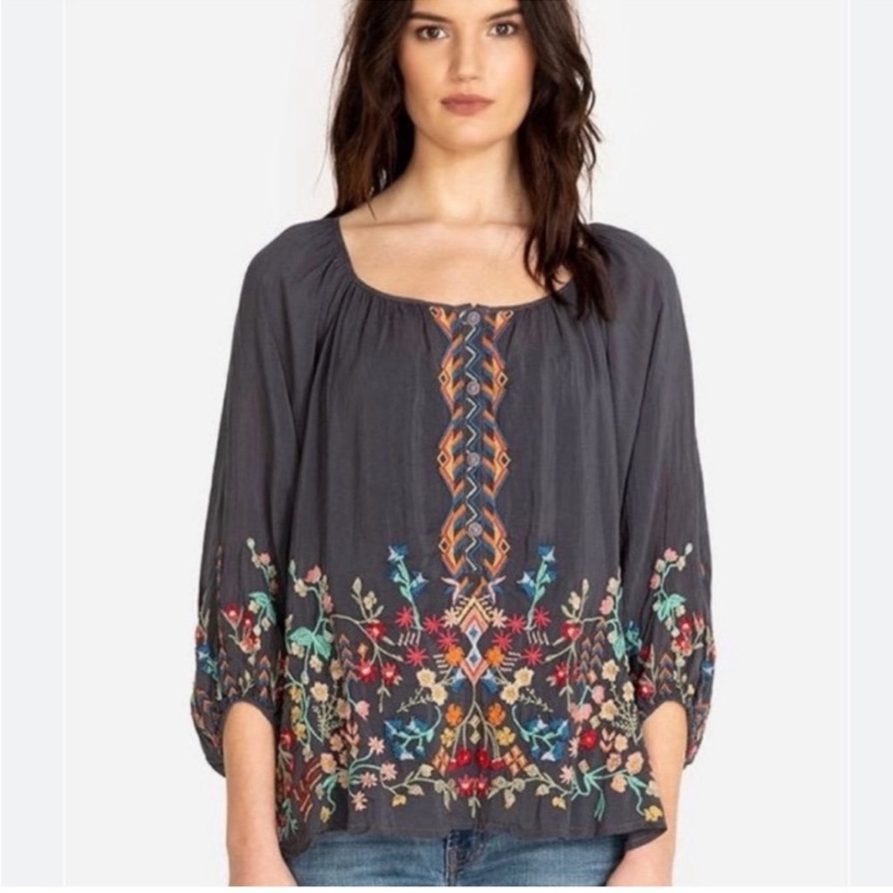 Johnny Was Sarah Embroidered Blouse - Cloudburst Grey - Size XL